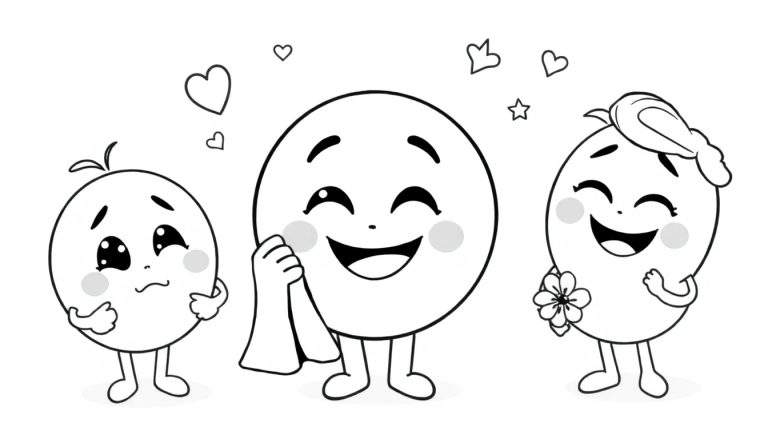 Illustration en noir et blanc de trois personnages en forme d'œuf avec des émotions diverses, des cœurs et une étoile flottant au-dessus, dans un color panel.