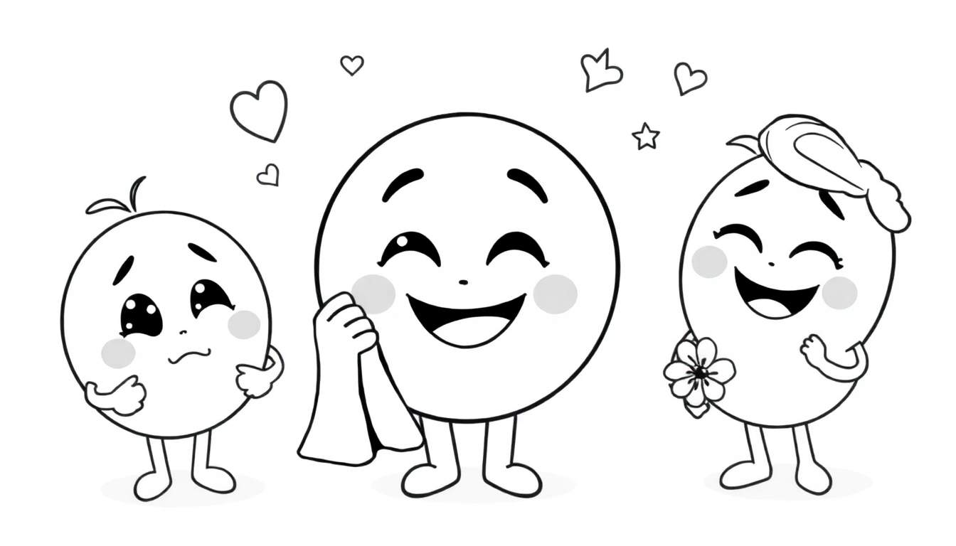 Illustration en noir et blanc de trois personnages en forme d'œuf avec des émotions diverses, des cœurs et une étoile flottant au-dessus, dans un color panel.