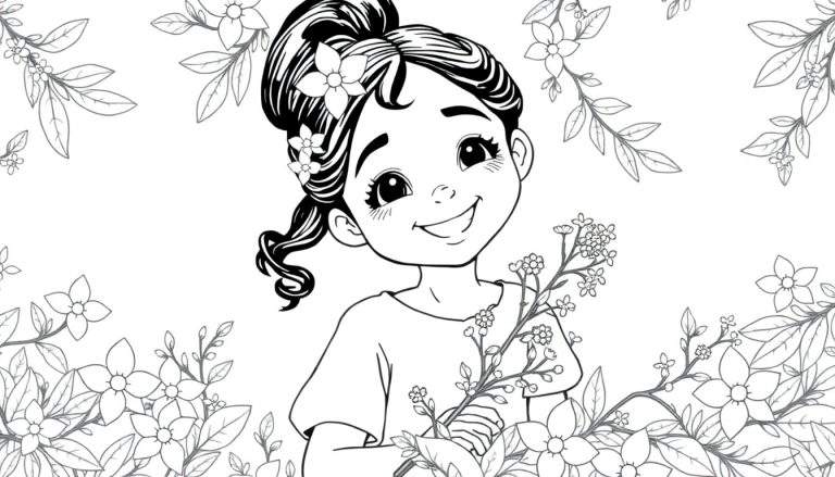 Planche de coloriage d'une fille souriante entourée de fleurs.
