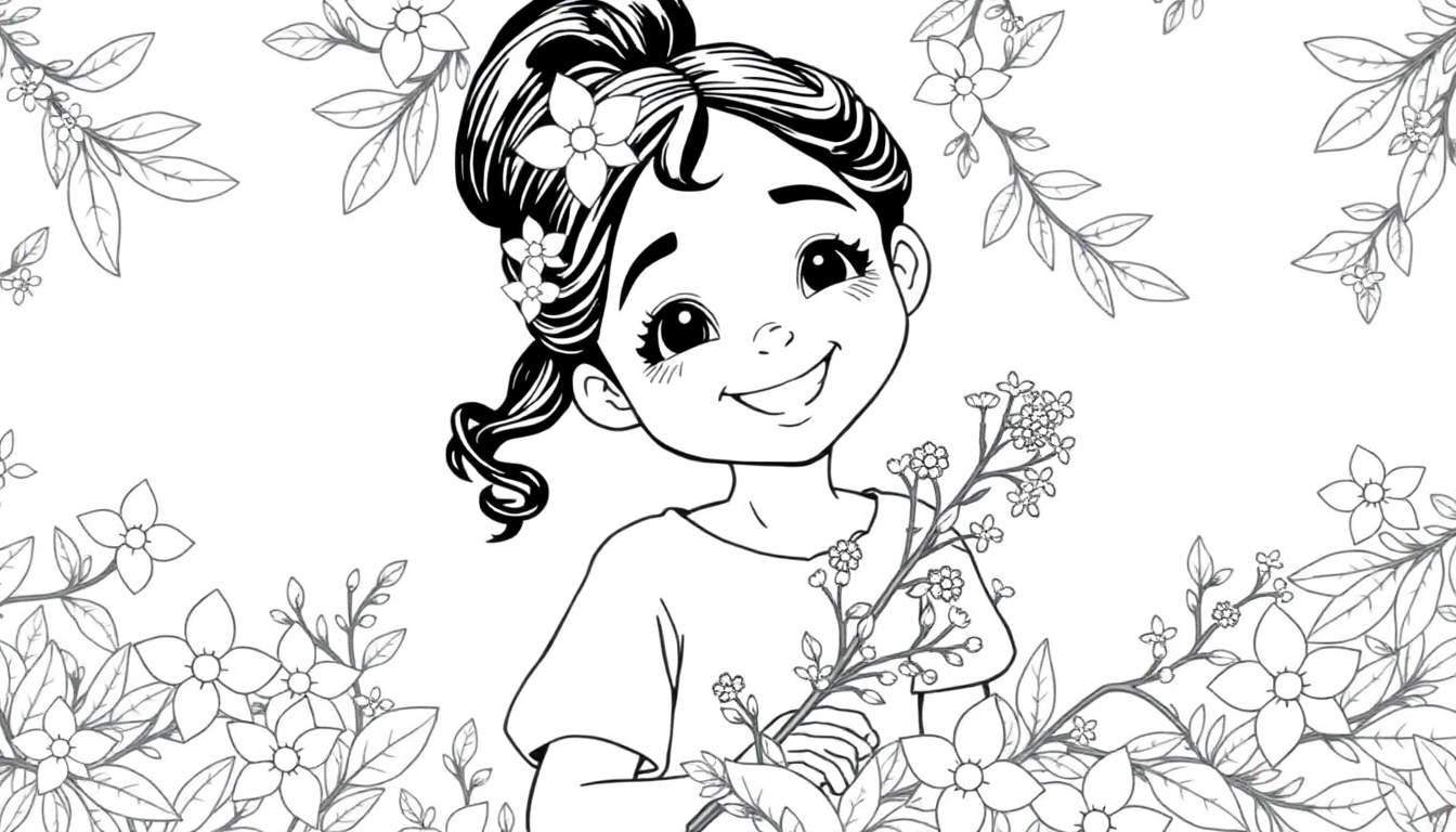 Planche de coloriage d'une fille souriante entourée de fleurs.
