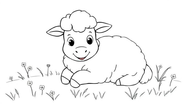 Un agneau mignon à colorier dans un pré fleuri, prêt à égayer un color panel.