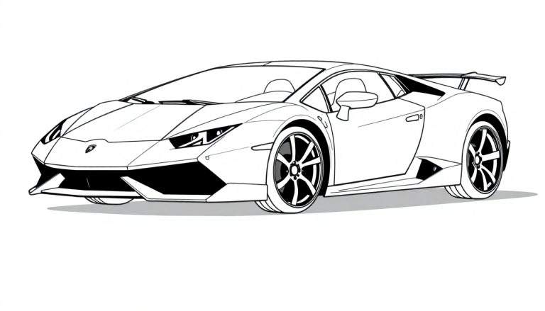 Dessin au trait d'une voiture de sport Lamborghini en noir et blanc, prête à être coloriée.