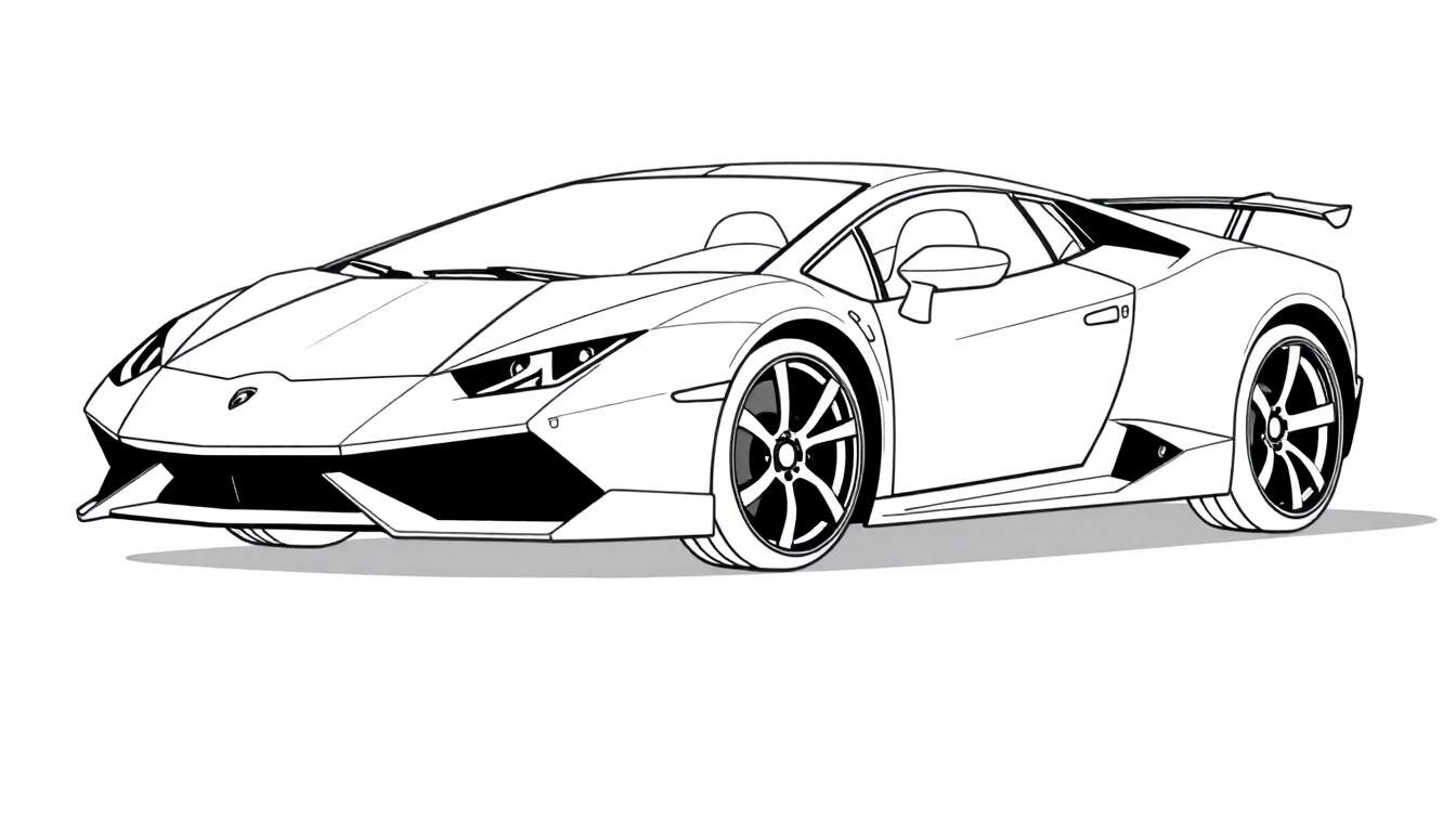 Dessin au trait d'une voiture de sport Lamborghini en noir et blanc, prête à être coloriée.