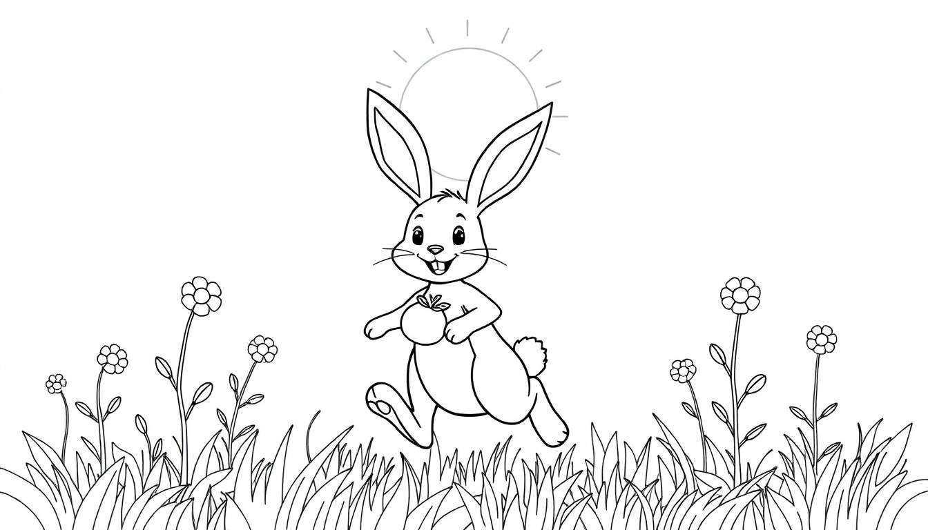 Un lapin souriant courant dans un pré fleuri, tenant une pomme, avec un soleil stylisé derrière. C'est un dessin au trait noir et blanc parfait pour un color panel.