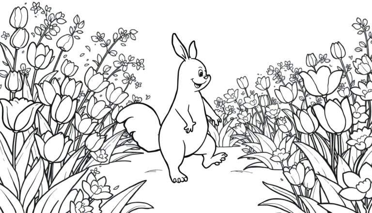 Un lapin joyeux se tient au milieu d'un champ de tulipes colorées, dans un dessin au trait noir et blanc, parfait pour un color panel.