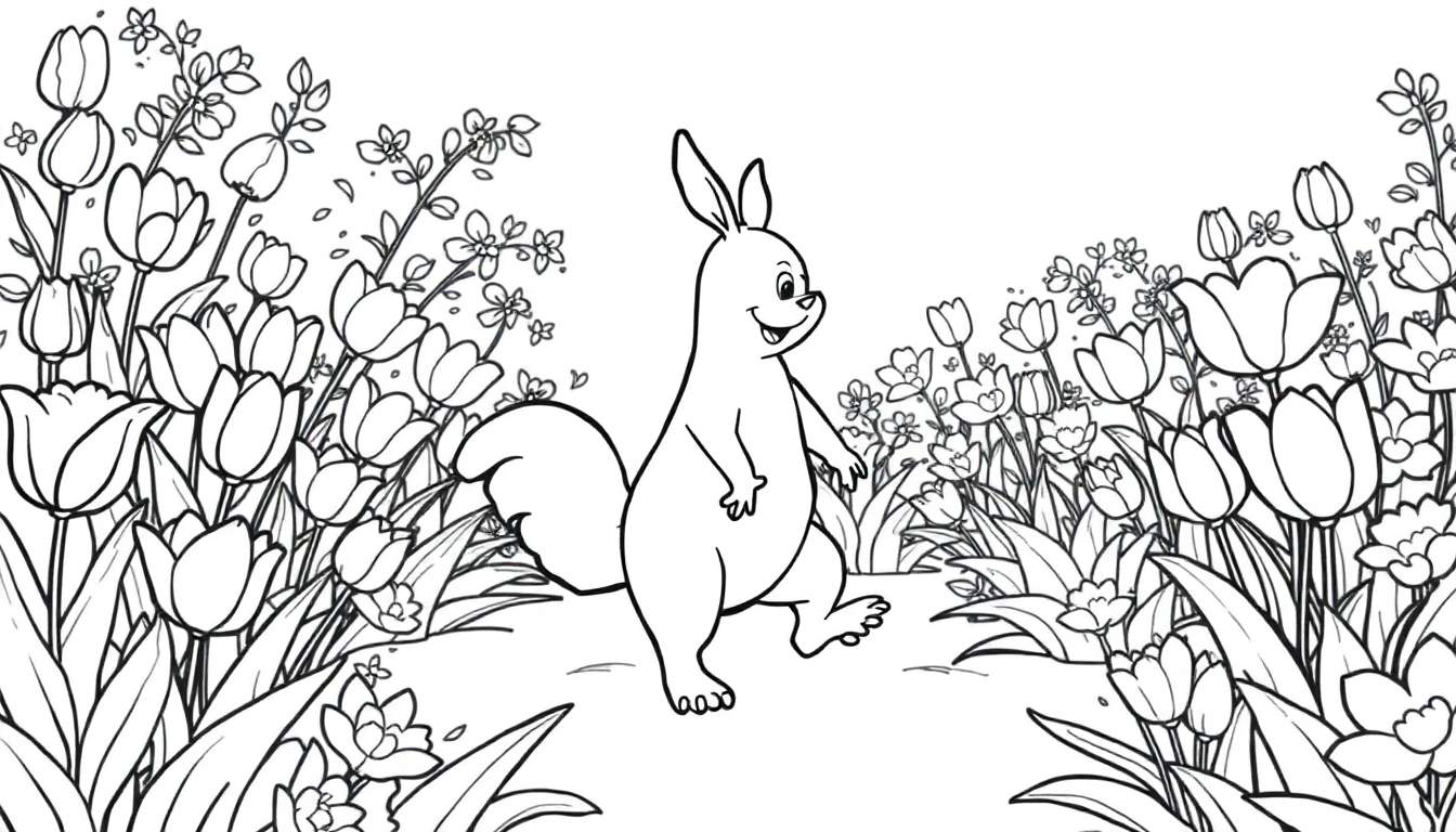 Un lapin joyeux se tient au milieu d'un champ de tulipes colorées, dans un dessin au trait noir et blanc, parfait pour un color panel.