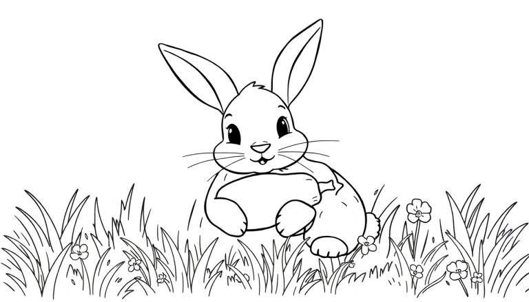 Un lapin de dessin au trait tenant un œuf, assis dans un pré fleuri, prêt pour le color panel.