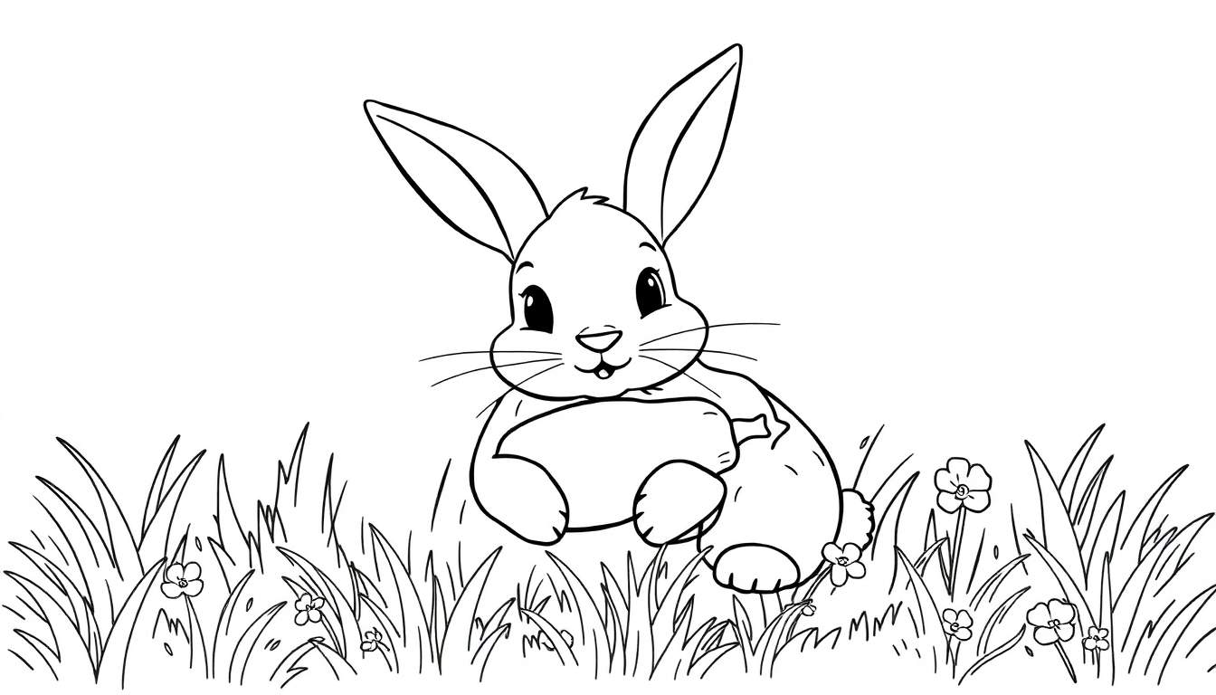Un lapin de dessin au trait tenant un œuf, assis dans un pré fleuri, prêt pour le color panel.