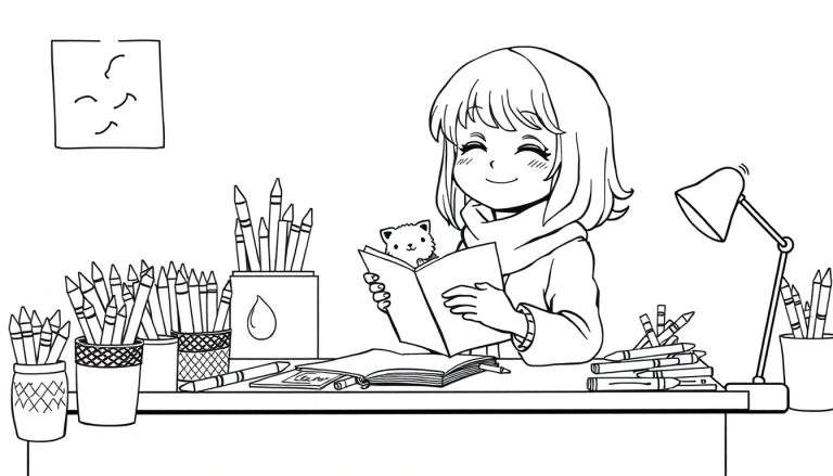 Rumi the manga girl at her desk with a colour plate