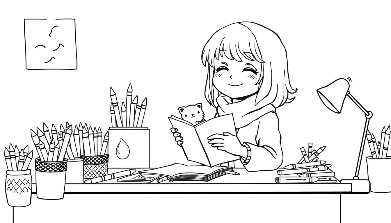 Rumi the manga girl at her desk with a colour plate