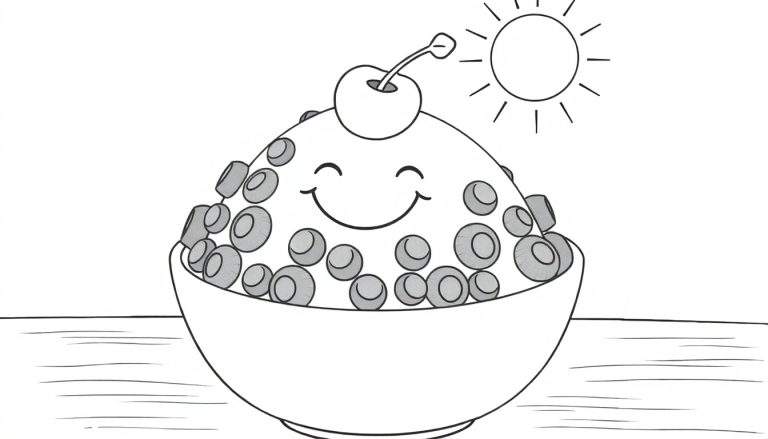 Dessin d'un bol souriant rempli de céréales avec des fruits et une cerise, surmonté d'un soleil.