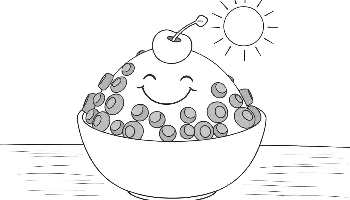 Dessin d'un bol souriant rempli de céréales avec des fruits et une cerise, surmonté d'un soleil.