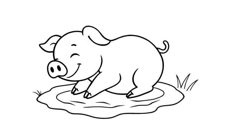 Un adorable petit cochon en noir et blanc, assis dans un trou de boue, avec un sourire heureux et les yeux fermés. Ce color panel est parfait pour les enfants.