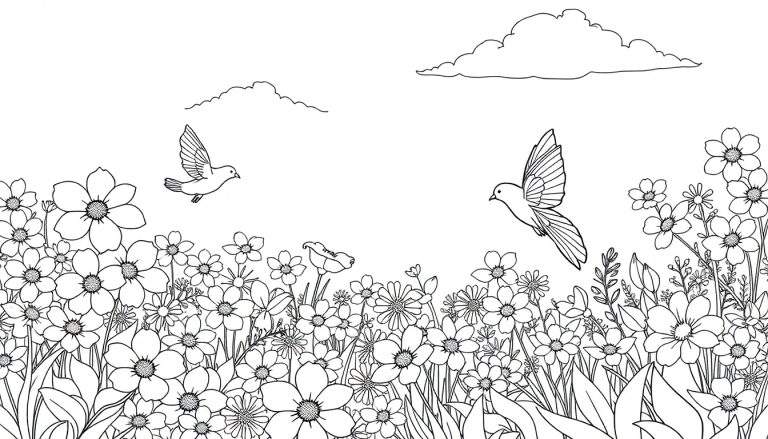 Dessin d'un champ de fleurs avec des oiseaux dans le ciel, prêt pour le coloriage.