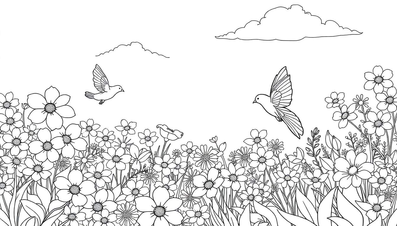Dessin d'un champ de fleurs avec des oiseaux dans le ciel, prêt pour le coloriage.