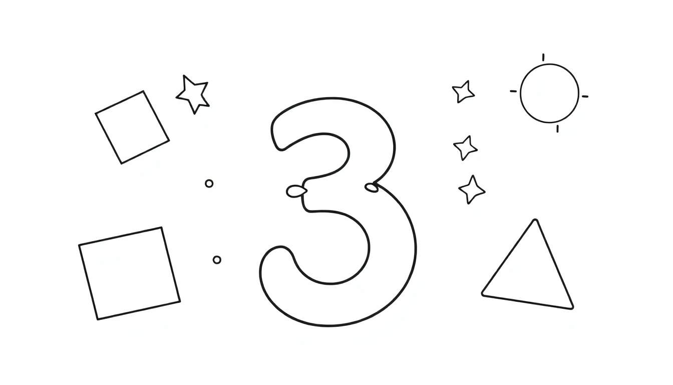 Dessin au trait noir et blanc du chiffre 3 entouré de formes géométriques, une page de coloriage avec un color panel amusant.