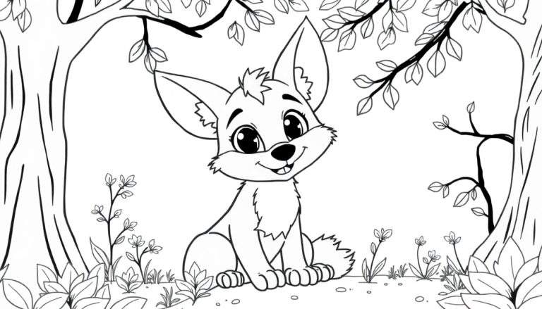 Un chiot de renard souriant assis dans une forêt, prêt pour un color panel.