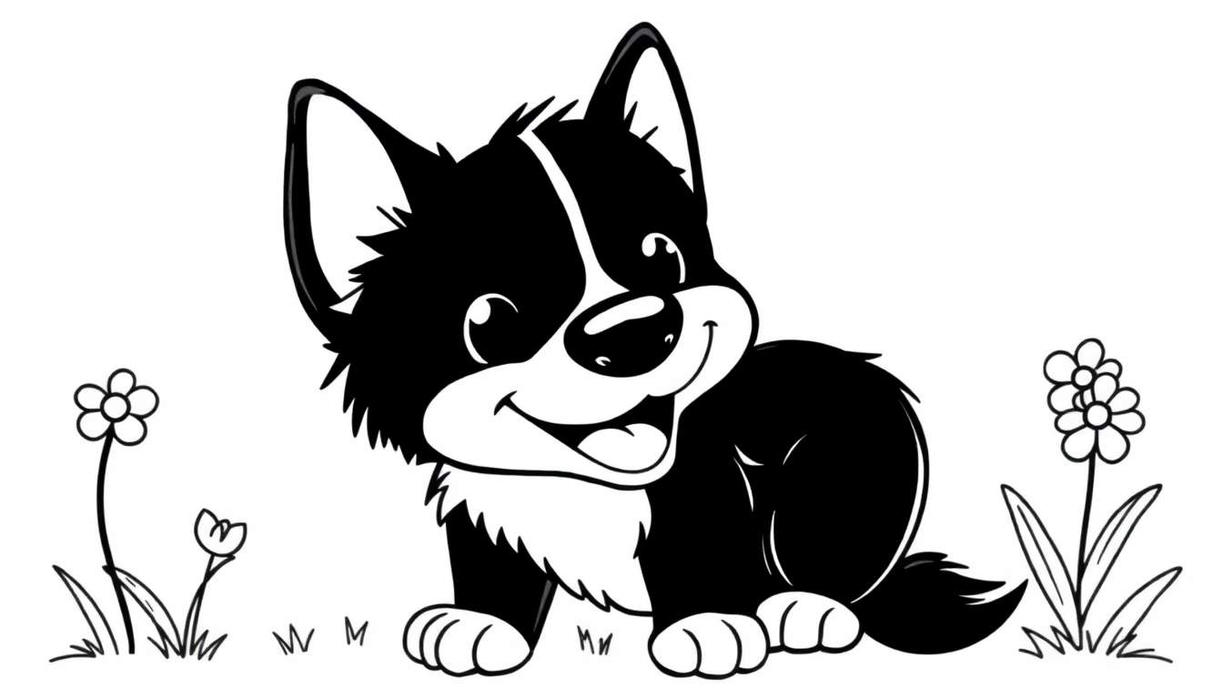 Dessin au trait noir et blanc d'un chiot de dessin animé assis dans un champ de fleurs, avec un color panel de détails.