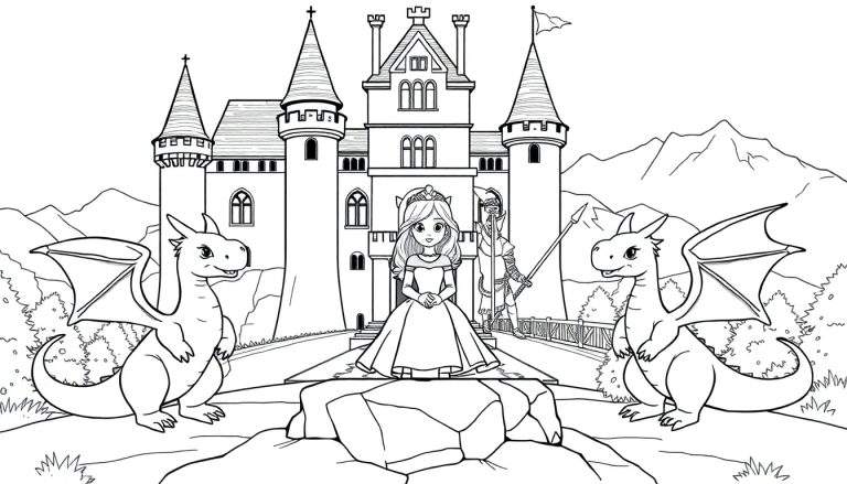 Dessin au trait d'une princesse dans un château avec des dragons et un chevalier, prêt pour un color panel.
