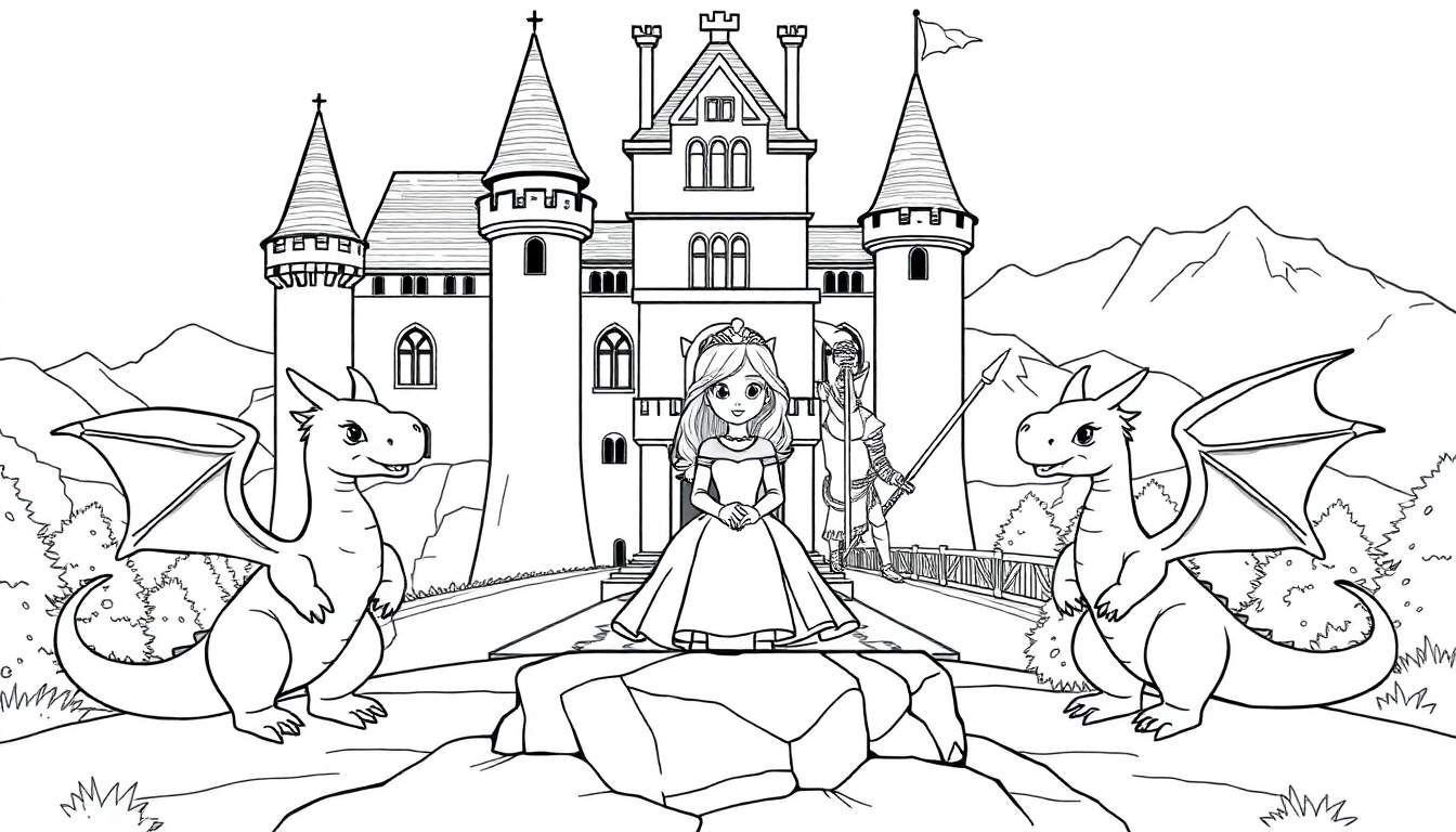 Dessin au trait d'une princesse dans un château avec des dragons et un chevalier, prêt pour un color panel.