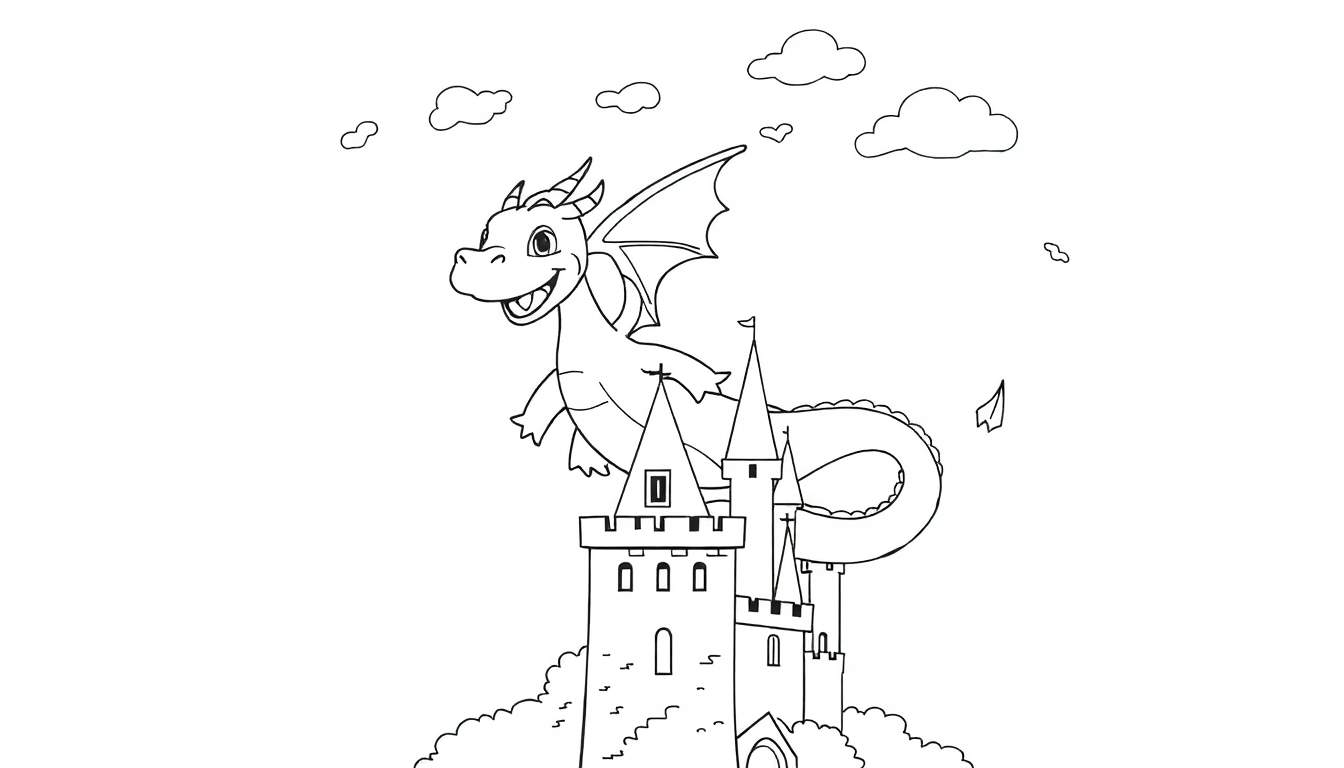 Un dessin au trait d'un château fantastique avec un petit dragon souriant volant au-dessus, sur une colline.