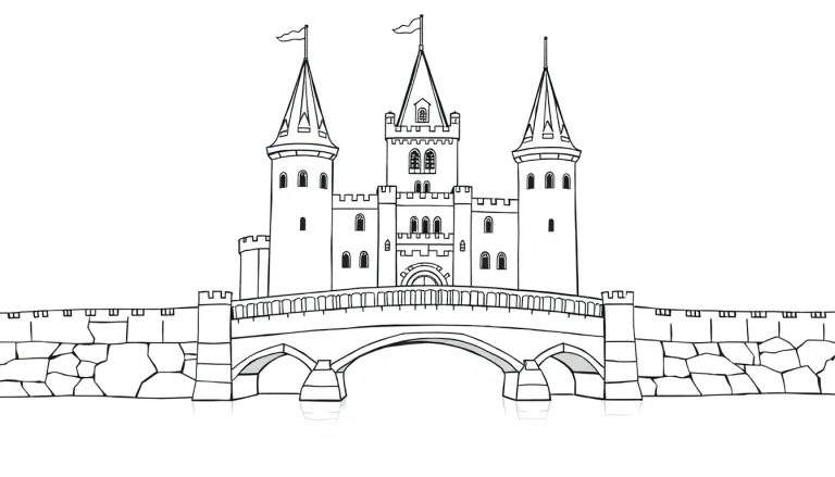 Château médiéval noir et blanc avec pont en arc et bannières.