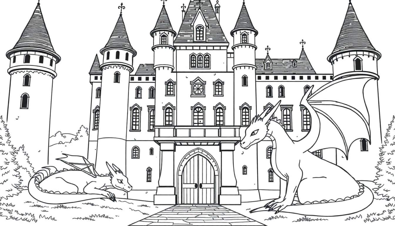 Un dessin au trait noir et blanc d'un château médiéval avec deux dragons devant, conçu pour être colorié, faisant partie d'un color panel.