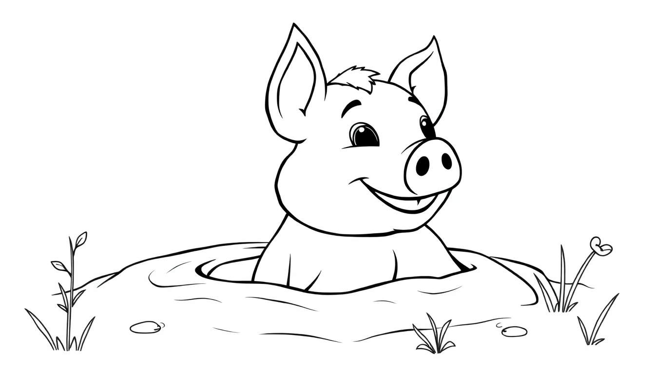 Un dessin au trait d'un cochon souriant assis dans un bain de boue.