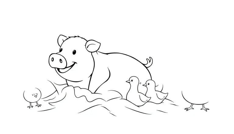 Un dessin simple au trait d'un cochon souriant couché sur du foin avec trois petits poussins autour de lui. Un color panel de joie.