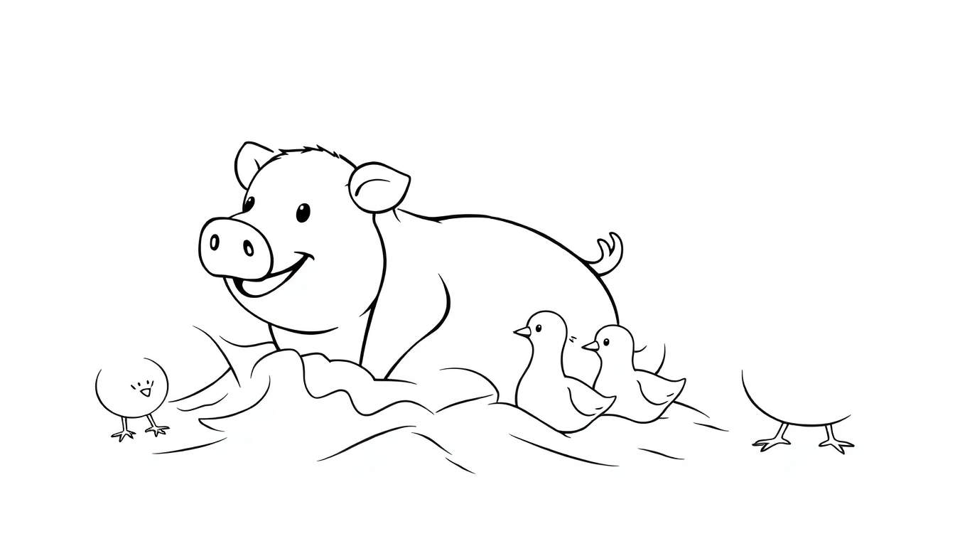 Un dessin simple au trait d'un cochon souriant couché sur du foin avec trois petits poussins autour de lui. Un color panel de joie.