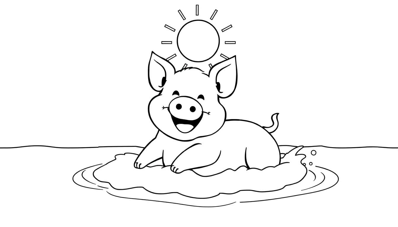Un cochon heureux dans une flaque d'eau, prêt pour le coloriage sur ce panneau.