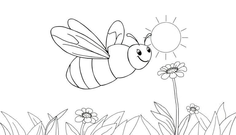 Dessin au trait d'une abeille souriante volant près d'un soleil et de fleurs, prêt pour la coloration.