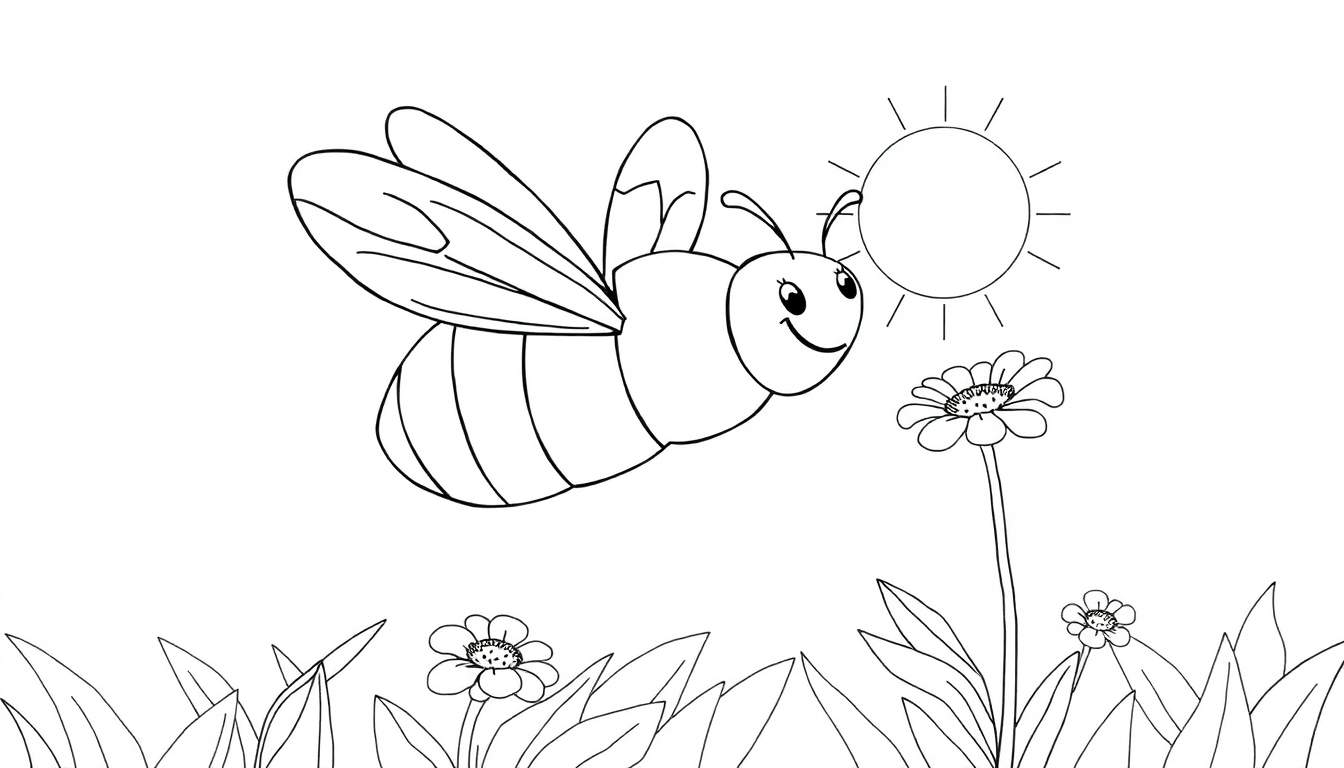 Dessin au trait d'une abeille souriante volant près d'un soleil et de fleurs, prêt pour la coloration.