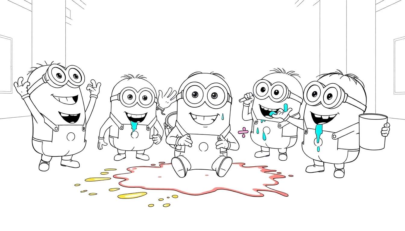 Cinq Minions s'amusant autour d'un déversement de liquide coloré, sur une page à colorier.