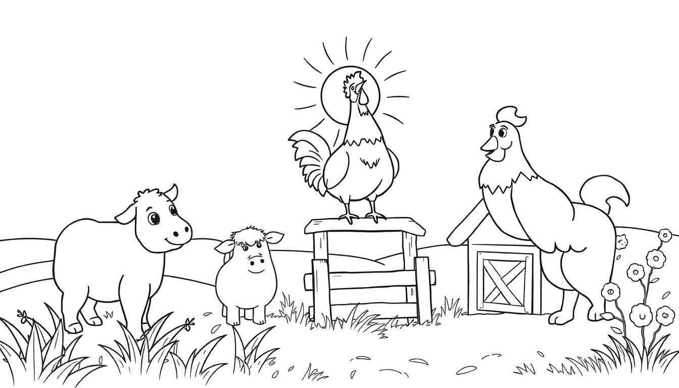 Un dessin au trait d'un coq chantant au lever du soleil sur une clôture avec des veaux dans un champ.