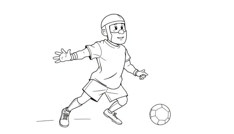 Dessin au trait d'un joueur de football courant avec un ballon de football, portant un casque et un uniforme.