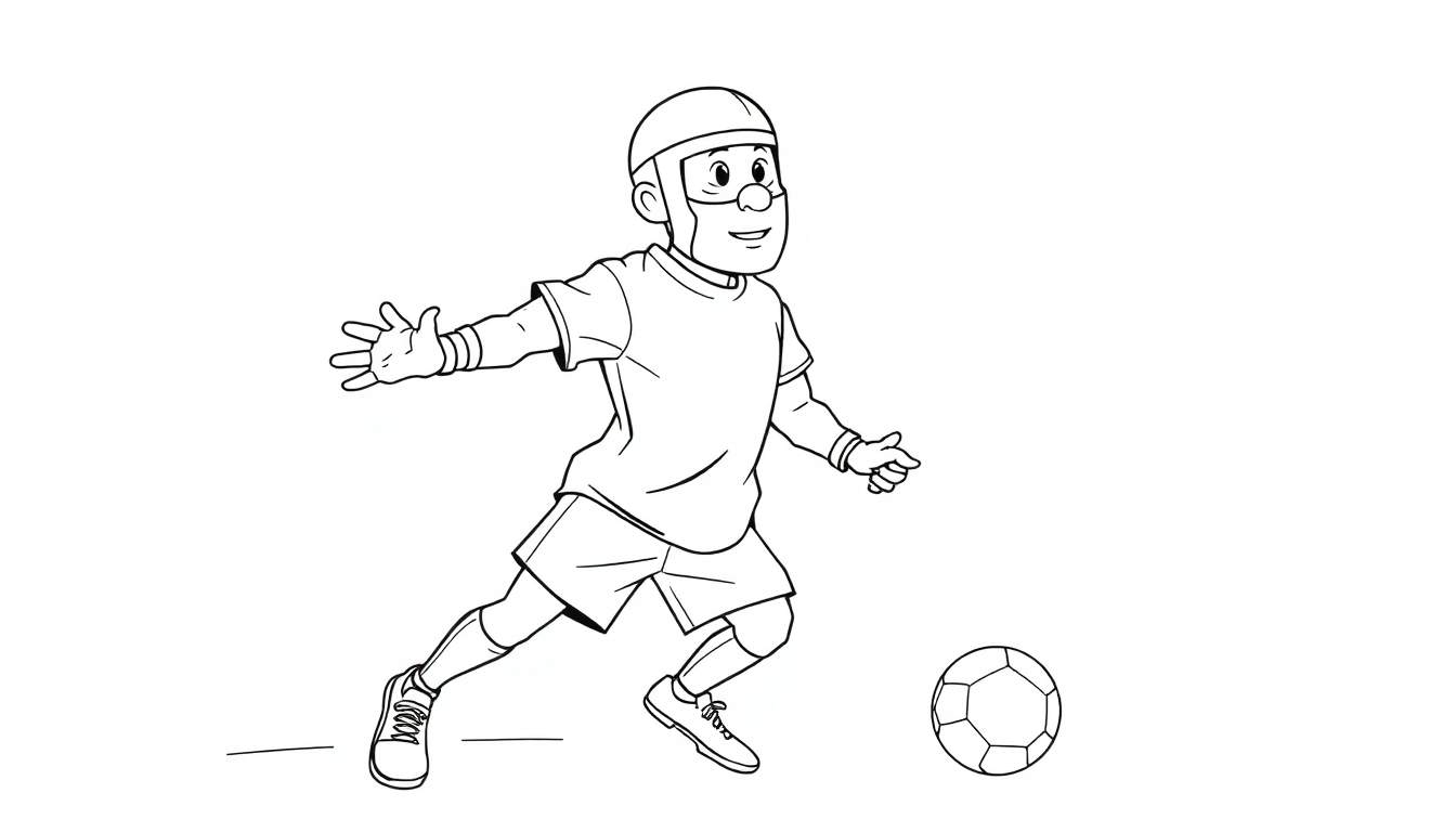 Dessin au trait d'un joueur de football courant avec un ballon de football, portant un casque et un uniforme.