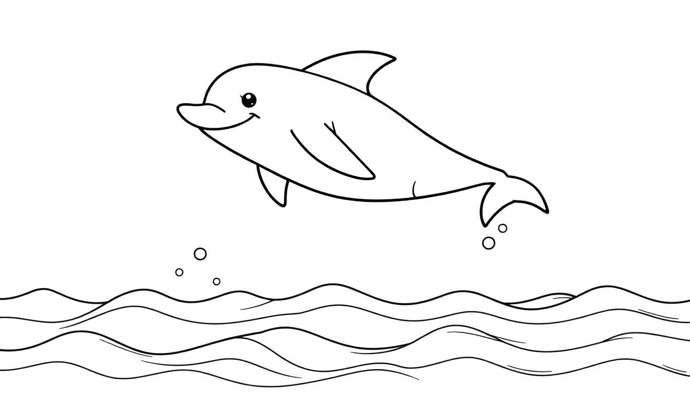Dessin au trait d'un dauphin joyeux sautant hors de l'eau avec des vagues stylisées, prêt pour le color panel.