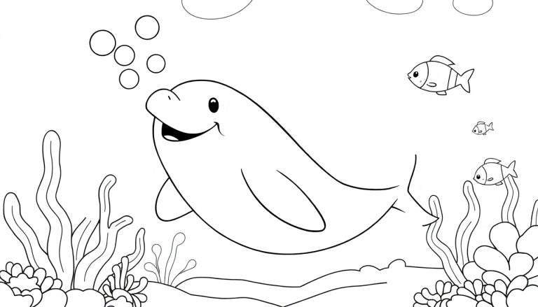 Dessin d'un dauphin souriant faisant des bulles, entouré de poissons et d'algues.