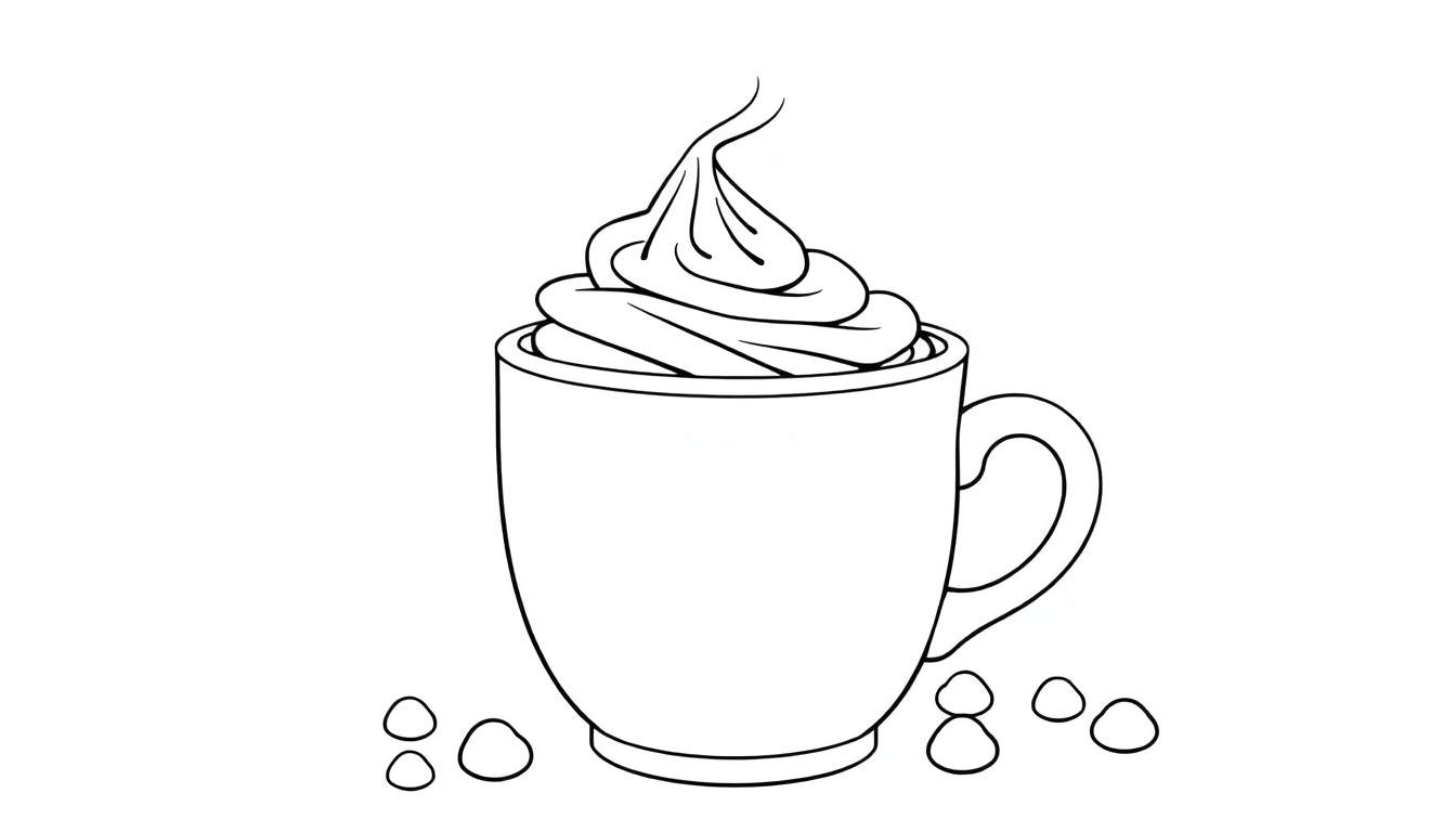 Illustration en noir et blanc d'une tasse de café avec de la crème fouettée et des grains de café.