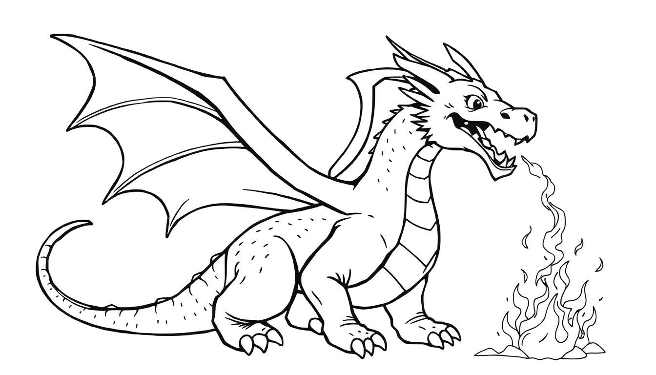 Dessin au trait d'un dragon crachant du feu, prêt pour un color panel.