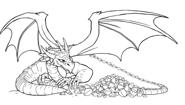Un dragon de style dessin au trait, enchaîné à un tas de pierres précieuses, vu dans un color panel.