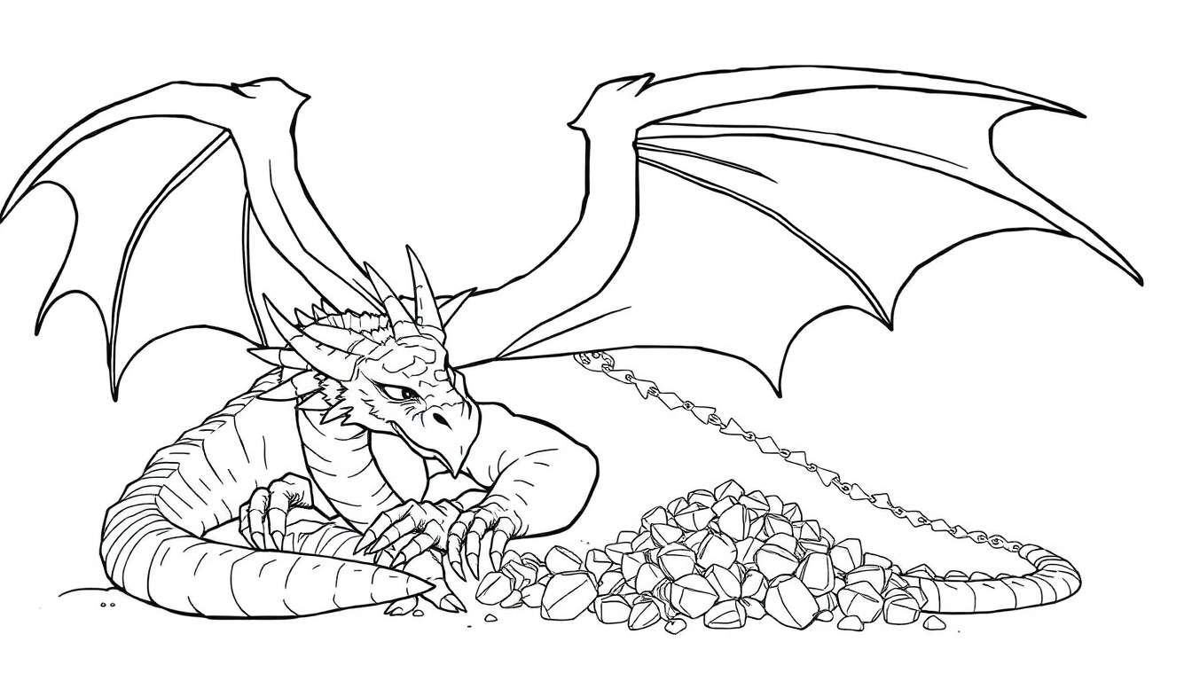 Un dragon de style dessin au trait, enchaîné à un tas de pierres précieuses, vu dans un color panel.