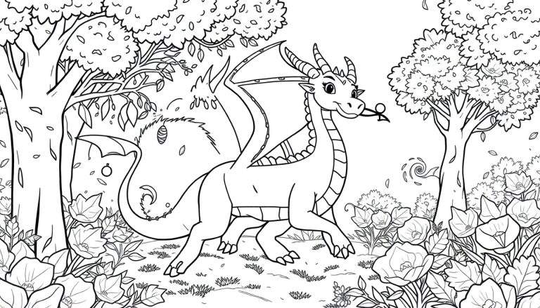 Un dragon amical se promène dans une clairière enchantée.