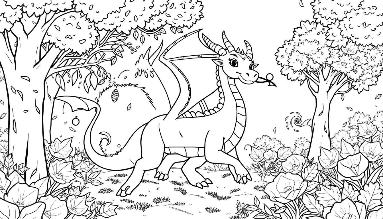 Un dragon amical se promène dans une clairière enchantée.
