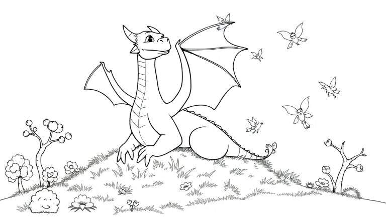 Un dragon gentil en noir et blanc dessiné pour un color panel, assis sur une colline avec des oiseaux autour.