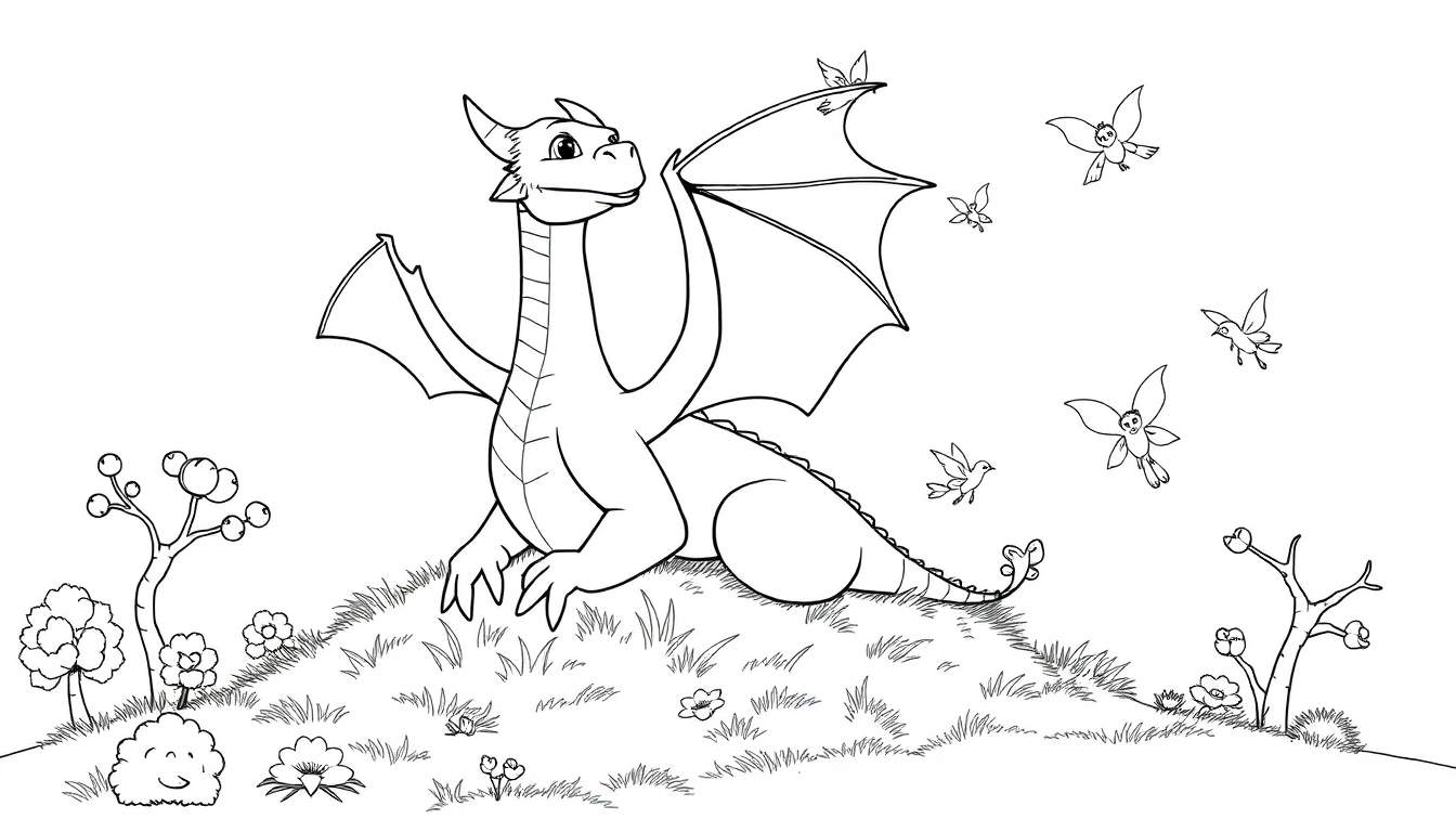 Un dragon gentil en noir et blanc dessiné pour un color panel, assis sur une colline avec des oiseaux autour.