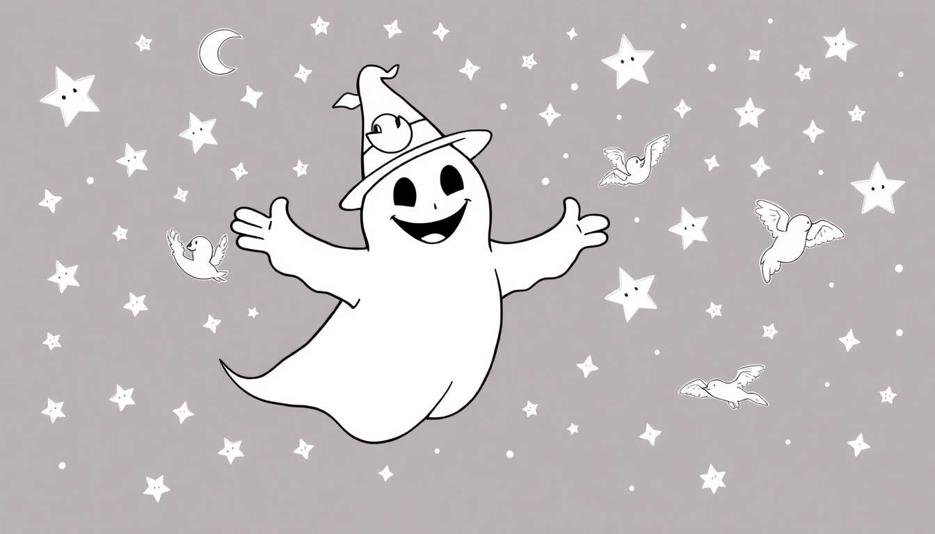 Un fantôme amical avec un chapeau de sorcier dans un panel coloré.