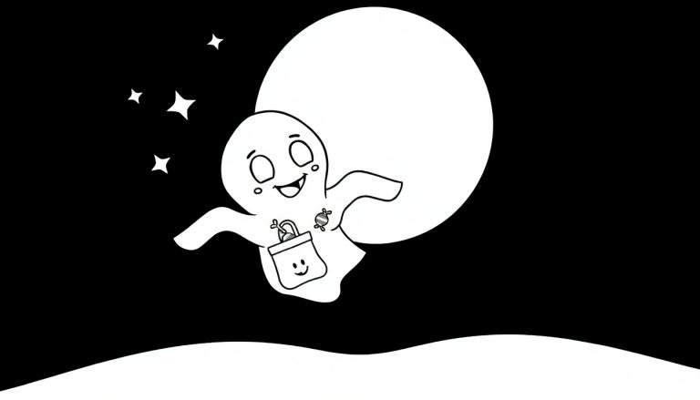 Un fantôme de dessin animé amical avec un sac de friandises d'Halloween flotte devant une pleine lune et des étoiles. Le sac de friandises a un visage souriant et le fantôme a des joues roses. C'est une image du color panel.
