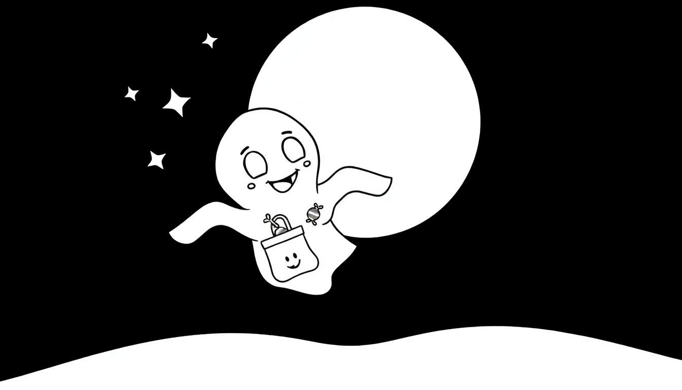 Un fantôme de dessin animé amical avec un sac de friandises d'Halloween flotte devant une pleine lune et des étoiles. Le sac de friandises a un visage souriant et le fantôme a des joues roses. C'est une image du color panel.